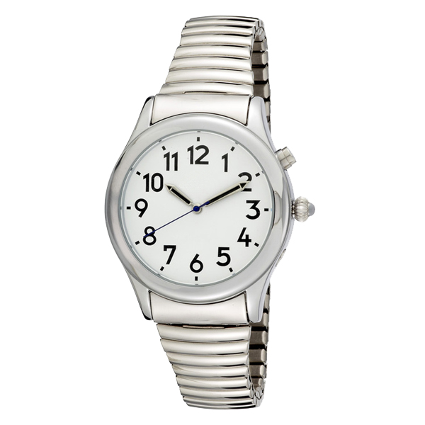 Man's Silver Tone Talking Watch White Face - Choice of Voice - Click Image to Close